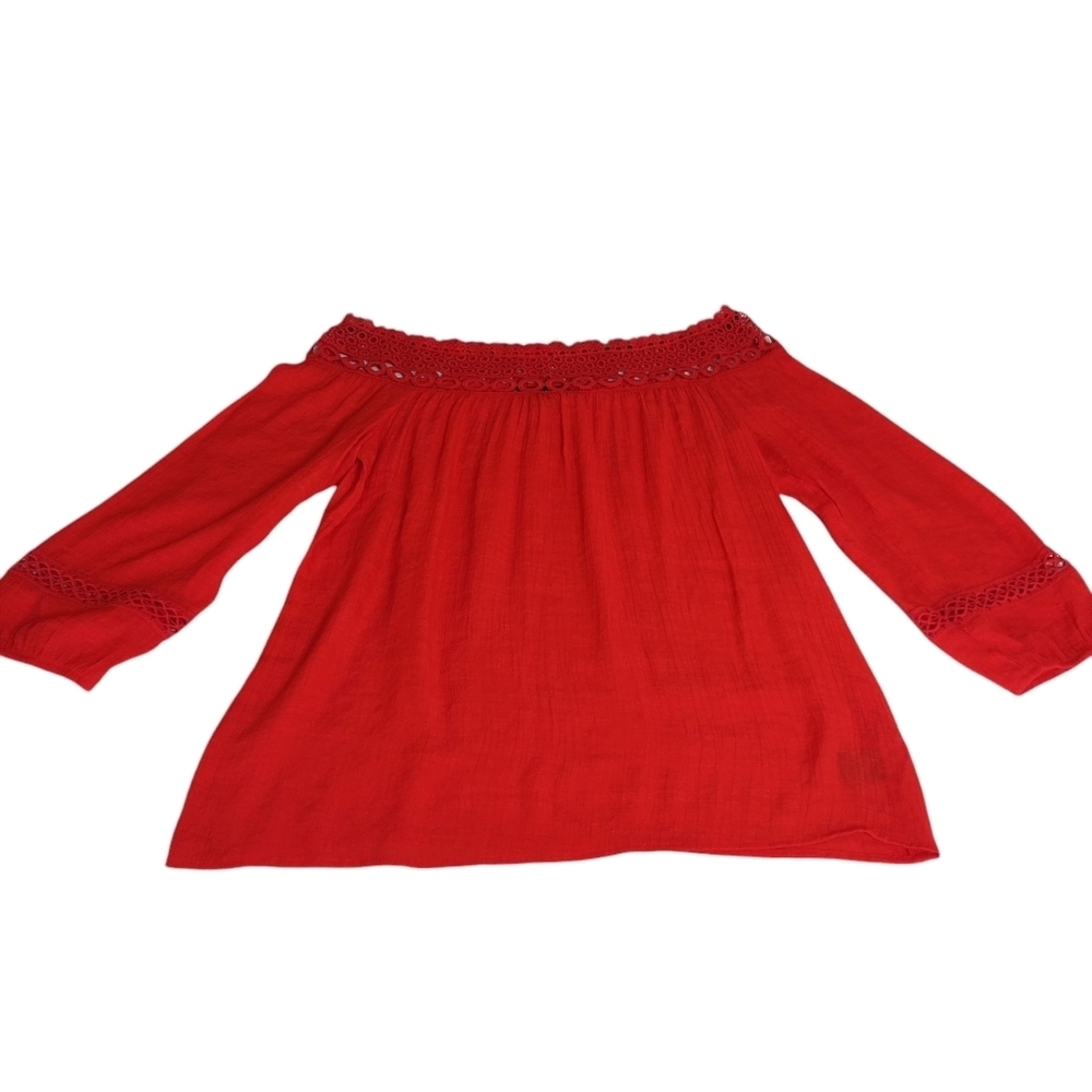 AGB Women's Red Off the Shoulder Embroidered 3/4 Sleeves Top Blouse Size Small - Picture 8 of 10
